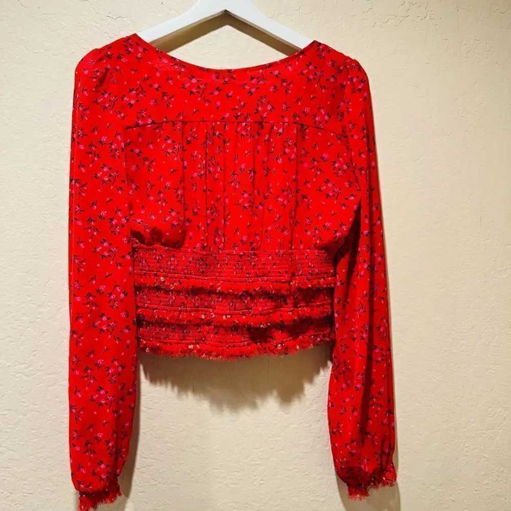 Free People Red rose Floral milk maid blouse balloon sleeves fringe cropped Sm